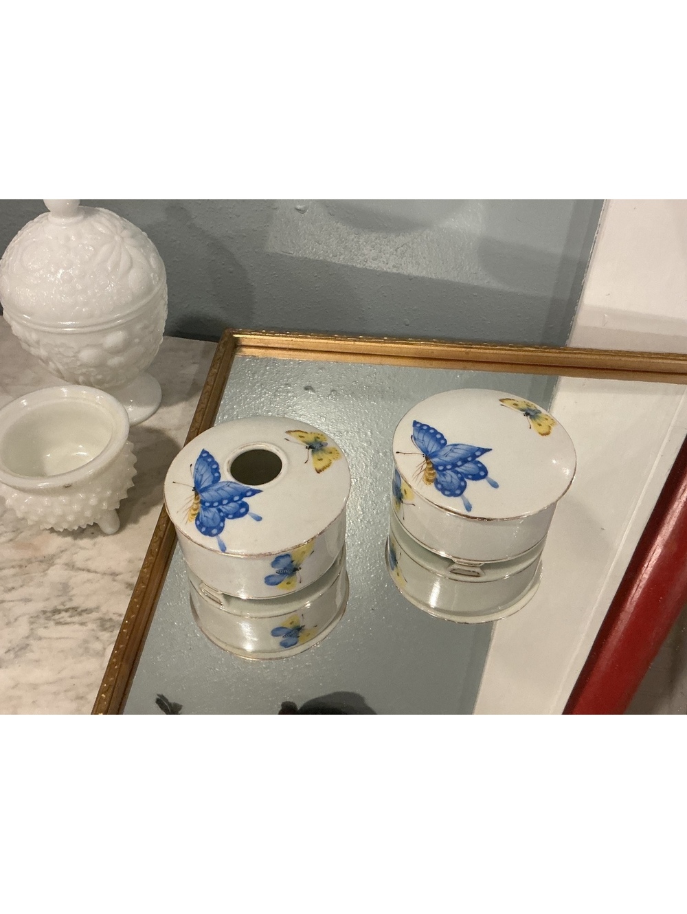 Vintage Butterfly Porcelain Vanity Set Trinket Box